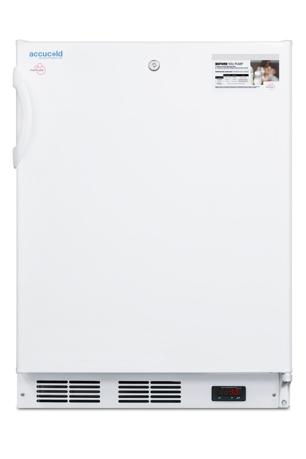 ADA compliant MOMCUBE all-freezer for storage of breast milk, with manual defrost, front lock, and reversible door